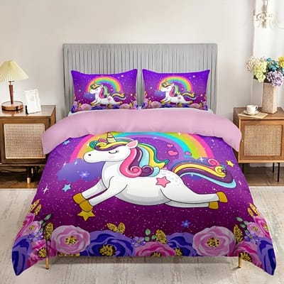 Vavida Dekbedovertrek - Eenpersoons - 140 x 200 - Unicorn - Eenhoorn - Regenboog - Paars - Kind - Meisje