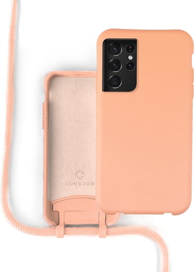 Coverzs Silicone case met koord - Telefoonhoesje met koord - Backcover hoesje met koord - touwtje - geschikt voor Samsung Galaxy S21 Plus - oranje