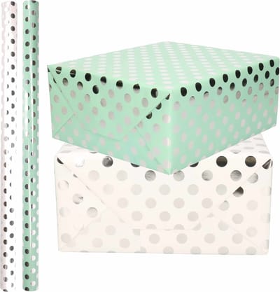 4x Rollen luxe folie inpakpapier zilveren stippen pakket - mintgroen/wit 200 x 70 cm - cadeau/kadopapier