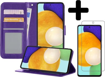 Hoesje - Met Screenprotector - Geschikt voor Samsung Galaxy A52 5G - Luxe Pasjeshouder - Bookcase Portemonee - Flip Case - Kunstleer Book Case - Flipcase - Book Cover - Walletcase - Portemonneehoes - Telefoonhoesjes - Paars
