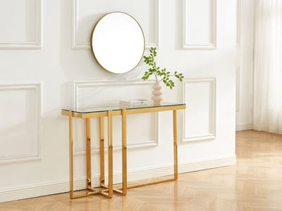 Vente-unique Consoletafel van gehard glas en verchroomd roestvrij staal - Transparant en goudkleurig - VELETIA