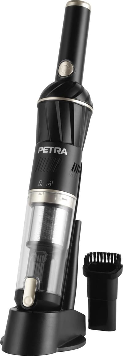 Petra PF01096VDEEU7 Draadloze Lichtgewicht Handstofzuiger, 11.1V Oplaadbare Stofzuiger, Antislip Oplaadbasis voor Aanrecht & Accessoire-opslag, 100ml Stofcapaciteit, HEPA-filter, 20 minuten werktijd