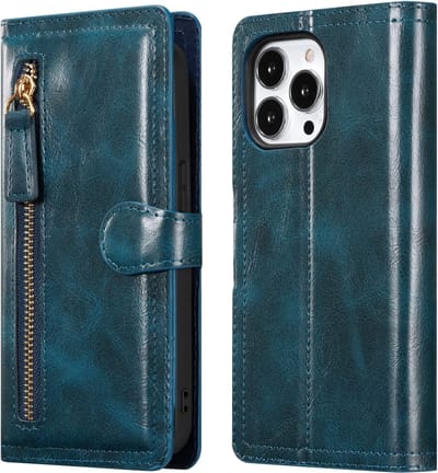 Bookcase Geschikt voor: iPhone 15 Pro Max met ritssluiting - Hoesje Flipcover - Magnetisch - 5 kaarten houder - Donkerblauw