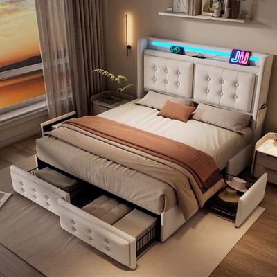 VVBV Gestoffeerd Opbergbed 160x200 cm - LED, USB-C, 4 Lades, Lattenbodem, Metaalframe, Beige, Zonder Matras, Afstandsbediening