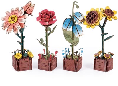 Inspirebox Modelbouwpakket Set van 4 - Decoratieve Bloem - 3D Houten Puzzel - Bouwpakket voor Volwassenen en Kinderen - Creatief Knutselen - DIY Modelbouwpakketten