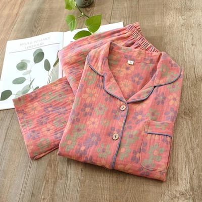 Nieuwe Lente/Zomer Pyjama Set 100% Katoen Gefragmenteerde Bloem Lange Mouwen Broek Tweedelig Gespset Dames XL white