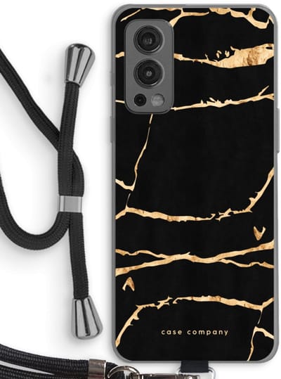 Case Company® - Hoesje met koord geschikt voor OnePlus Nord 2 5G hoesje met Koord - Gouden marmer - Telefoonhoesje met Zwart Koord - Bescherming aan alle Kanten en Over de Schermrand