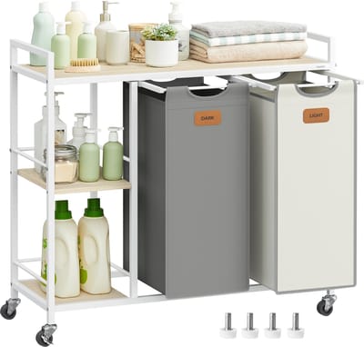 VASAGLE - Wasmand - Wassorteerder - Met 2 Vakken - 100 L wasmand - Met Wieltjes en Afneembare Tassen