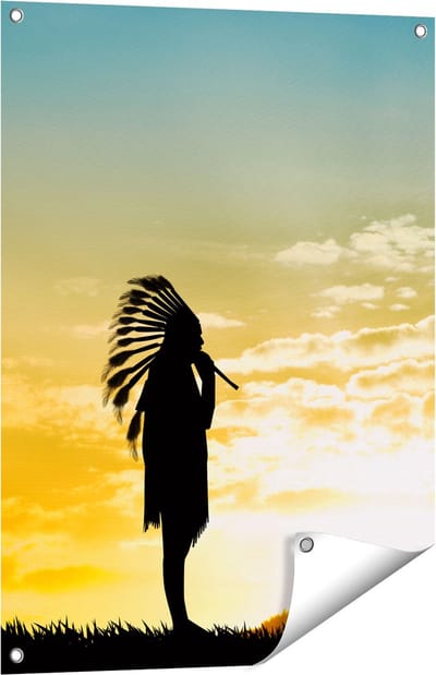 Gards Tuinposter Twee Silhouetten van Indianen bij Zonsondergang - 60x80 cm - Tuindoek - Tuindecoratie - Wanddecoratie buiten - Tuinschilderij