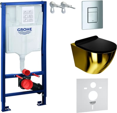 Inbouwreservoir Complete Toiletset Grohe Solido 39069000 - Inbouw WC Hangtoilet Wandcloset Sofi Slim Gold/Black - Bedieningsplaat EVEN 4in1 Chroom - Voorwandelement - Installatiesysteem