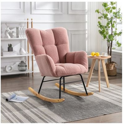 Schommelstoel - MUVOE - Mid Century - gewatteerde pluche stof - houten basis & metalen frame - Roze roze