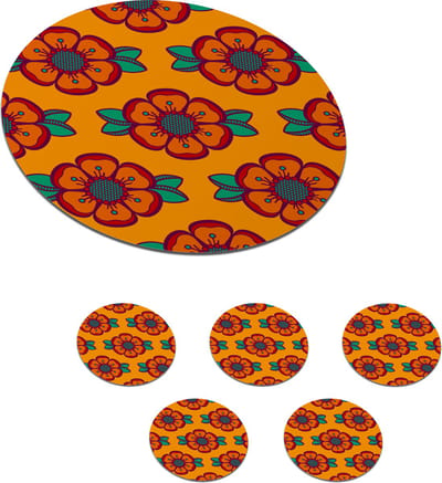 Onderzetters voor glazen - Rond - Design - Retro - Rozen - Oranje - 10x10 cm - Glasonderzetters - 6 stuks