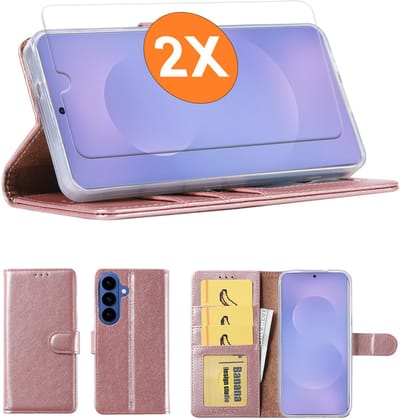 Hoesje geschikt voor Samsung Galaxy S26 Plus 5G hoesje Rose Goud pasjeshouder telefoon hoes - Met screenprotector tempered glass voor Galaxy S26 Plus 5G - 2x