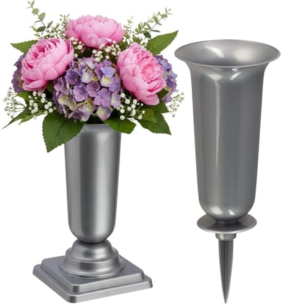 Grafvazen Set - Grafdecoratie Vazen - Herdenking Plaatsen - Weerbestendig Kunststof - 31-32 cm Hoog - Zilver Glanzend