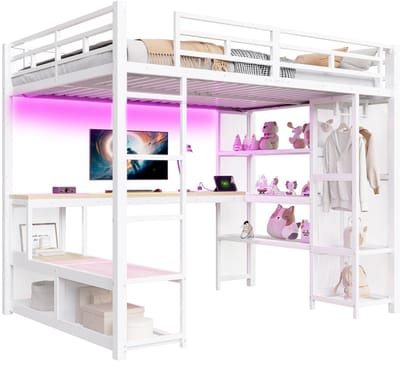 Metalen hoogslaper 140x200 cm - Witte hoogslaper met opbergruimte - Bureau, open kledingkast, ledverlichting en usb-aansluiting voor de slaapkamer