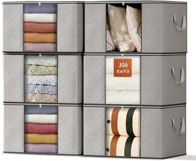 6 Pack 60L Grote Opbergdozen voor Kasten, Inklapbare Ruimtebesparende Organizer met Versterkte Handvatten, Ideaal voor Kleding, Dekens en Linnen
