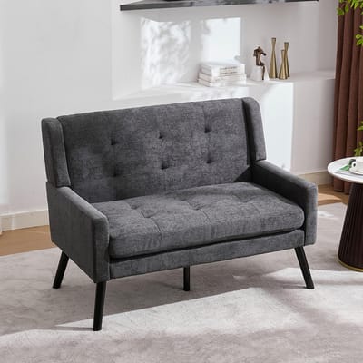 BLACKCOLORS Luxe linnen bank (2-zits) met massief houten antislip poten en kussens van schuim met hoge dichtheid – Gestoffeerde bijzetstoel voor woonkamer, slaapkamer en kantoor