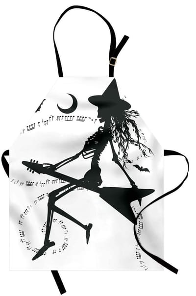 ABAKUHAUS Muziek-kookschort, heks die op een elektrisch gitaarplektrum vliegt, magische Halloween-kunstzinnige illustratie, verstelbaar, machinewasbaar, niet vervaagt, zwart-wit