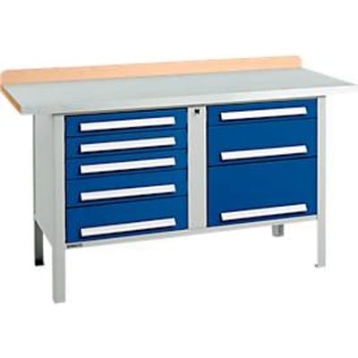 Box-type werkbank Schäfer Shop Select PWi 150-8, beuken multiplex blad, met stalen afdekking, tot 750 kg, B 1500 x D 700 x H 840 mm, gentiaanblauw