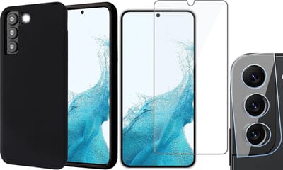 Hoesje geschikt voor Samsung Galaxy S22 - Matte Back Cover Microvezel Siliconen Case Hoes Zwart - Tempered Glass Screenprotector - Camera Lens Protector