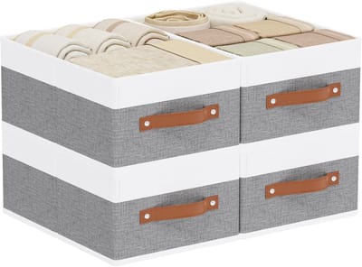 Famanu – 4 stuks opvouwbare opbergdozen, stoffen dozen met handgrepen, kastorganizer, opbergmand voor kleding, 33 x 23 x 14 cm, wit en grijs