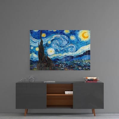 Glasschilderij - De Sterrennacht van Gogh - Wanddecoratie - Foto Op Glas - 72x46 cm - 4 mm