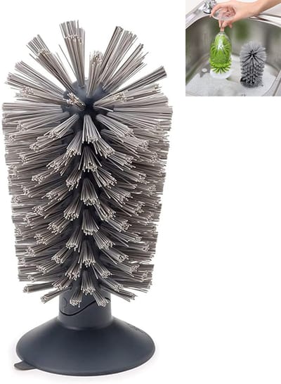 Glasborstel - Wijnglasborstel - Glasborstel met zuignap - 8,5 x 8,5 x 16,5 cm - Kan in de gootsteen worden bevestigd - Reinigt zonder moeilijk bereikbare hoekjes - Geschikt voor het reinigen van wijnglazen, koffiekopjes en theekopjes - Grijs