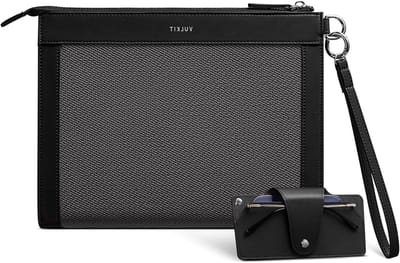 Grote heren clutch tas met afneembare brillenhoes, stijlvolle polstas voor zakelijk gebruik, zwart