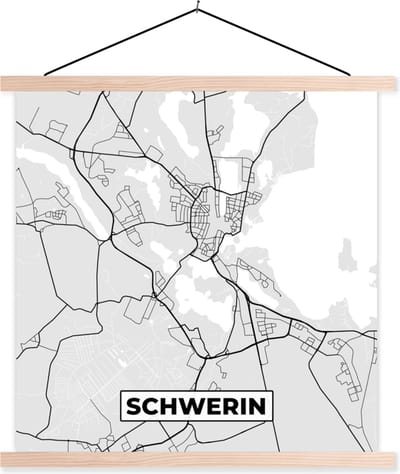 Posterhanger incl. Poster 40x40 cm - Schoolplaat - Schwerin- Kaart - Stadskaart - Plattegrond - Duitsland - Textielposter - Blanke latten - Stadskaart