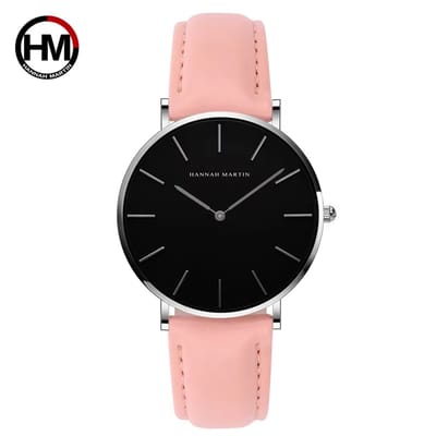 HANNAH MARTIN horloge met roze lederen polsband, zwarte wijzerplaat, zilveren horlogekast en zilveren wijzers voor dames met stijl ( model CH36 YF )