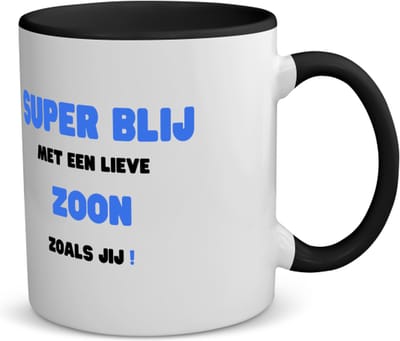 Akyol - super blij met een lieve zoon zoals jij koffiemok - theemok - zwart - Zoon - de liefste zoon - verjaardag - cadeautje voor zoon - zoon artikelen - kado - geschenk - 350 ML inhoud