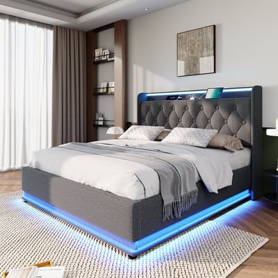 KOMHTOM Bed Tweepersoonsbed 160 x 200 cm 360 surround LED grijs linnen gestoffeerd hoofdeinde Type-C-oplaadfunctie