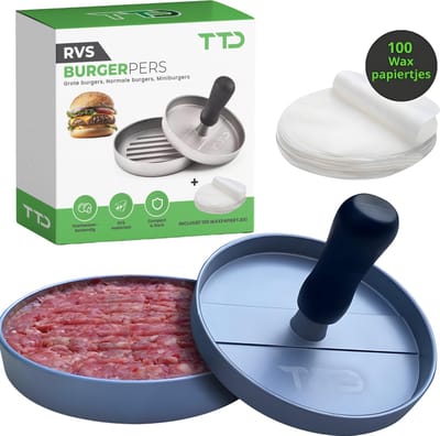 TTD® Hamburgerpers en Hamburgermaker - Smash Burger - Hittebestendig - Strakke Grillgroeven - BBQ Accesoires - BBQ Gereedschap - Barbecue Accessoires - Burger Press - Vaatwasserbestendig - Inclusief 100 Waxpapiertjes - RVS