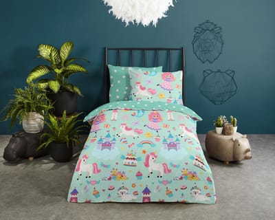 Good Morning dekbedovertrek eenhoorn, prinses, regenboog - 1 persoons 140x200/220 cm - Mint - 100% Katoen renforc�