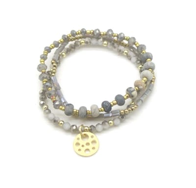 Armbanden Set - Elastisch - Glaskralen - Grijs / Goudkleurig - Bedeltje - 3 Stuks