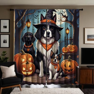 Lot de 2 rideaux décoratifs HD pour Halloween, motif citrouille et trois chiens, imprimés numériques avec cravate noire, décoration de style Home Decor pour le salon W52H63inchW132H160cm gray