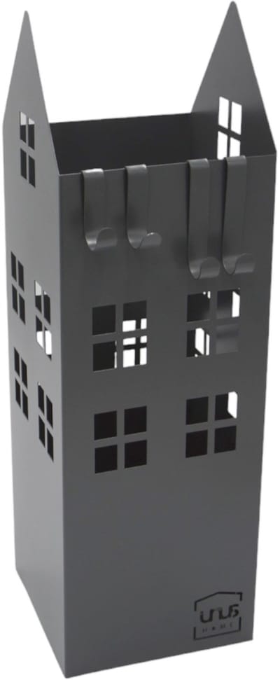 UNUS® Paraplubak huizenmotief met opvangbak 4 haken 49 cm grijs