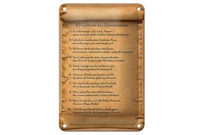 Blechschild Spruch 12x18cm 10 Gebote für Ehemänner sage ja
