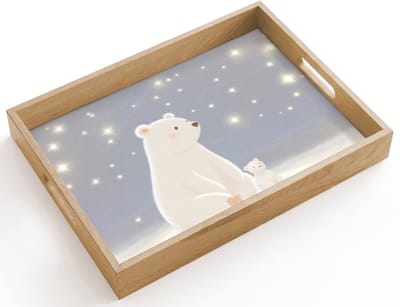 Dienblad hout 40x30 cm - Schootdienblad - Ijsbeer - Sneeuw - Sterren - Blauw - Borrelplank rechthoek - Plateau dienbladen