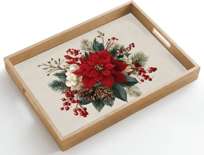Dienblad hout 50x35 cm - Schootdienblad - Kerststuk - Poinsettia - Dennenappels - Rood - Borrelplank rechthoek - Plateau dienbladen
