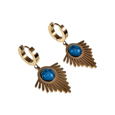 Lange Oorbellen Dames - Turkoois Steen - Oorhangers - Verguld Roestvrij Staal - Oorringen met Waaier Hanger