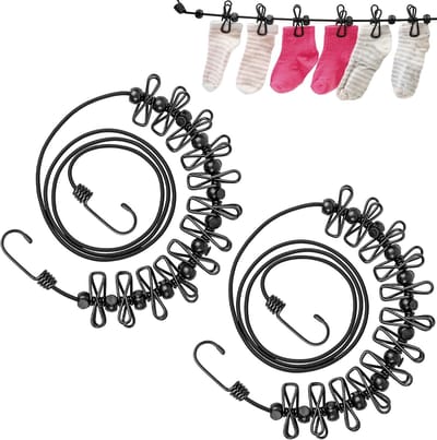 Draagbare Waslijn - Met Wasknijpers - Winddichte Reiswaslijn – uitbreidbaar en instelbaar - Elastisch – camper accessoires - voor binnen en buiten - Zwart - 2 stuks