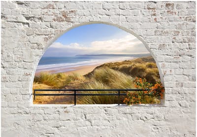 Fotobehangkoning - Behang - Vliesbehang - Fotobehang Uitzicht op de Duinen vanaf het Terras 3D - Hidden Beach - 150 x 105 cm