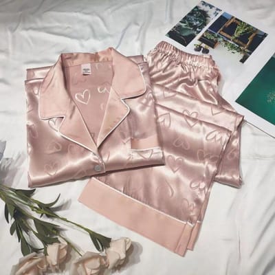 Meisjes Pyjama van Kunstmatige IJszijde Dames Lange Mouw Kant Groen Hoge Kwaliteit Tweedelig Zoete Huiskleding M roze