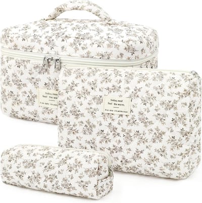 Thijox - 3 Stuks Make-uptas Set voor Dames - Grote en Kleine Toilettassen - Beige Bloemenpatroon - Katoen met Metalen Ritssluiting - Cosmetica Organiz