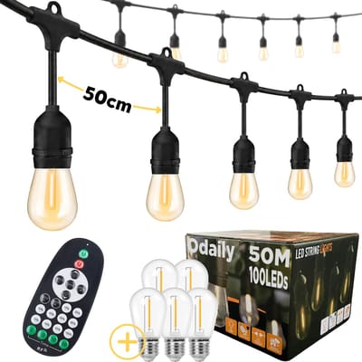 Odaily Lichtsnoer Buiten - 50 Meter - 100 LED Lampen - Warm Wit Licht - Dimbaar - Horecakwaliteit