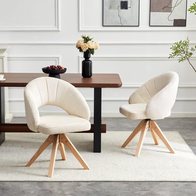 HAUSS SPOLE Eetkamerstoel - Draaibaar Retro Design - Set Van 2 Met Armleuning En Stille 360 Graden Rotatie - Voor Eetkamer En Woonkamer - Stof Hout Wit