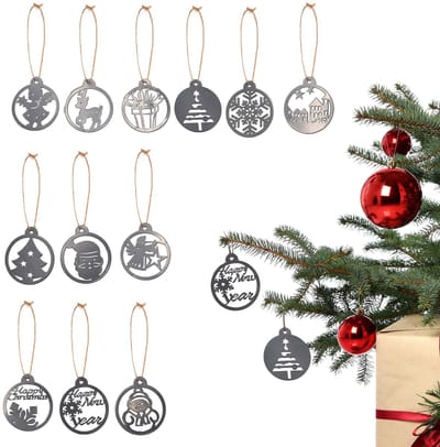 UNUS® Kersthangers rond cadeau engel sneeuwpop 12 stuks set 7 cm zilver