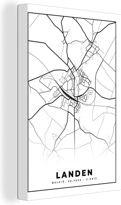 Canvas Schilderij Plattegrond – Landen – Zwart Wit – Stadskaart - Kaart - België - 20x30 cm - Wanddecoratie