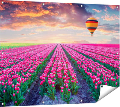 Gards Tuinposter Bloemenveld met Roze Tulpen - Luchtballon - 120x90 cm - Tuindoek - Tuindecoratie - Wanddecoratie buiten - Tuinschilderij